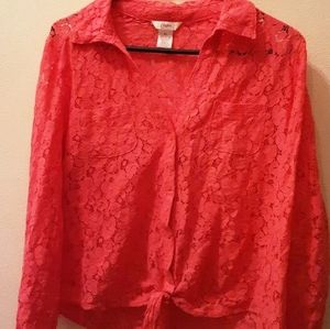 Candies Kohls Pink Woman's Large Floral Lace Button Front Tie Shirt Juniors XL